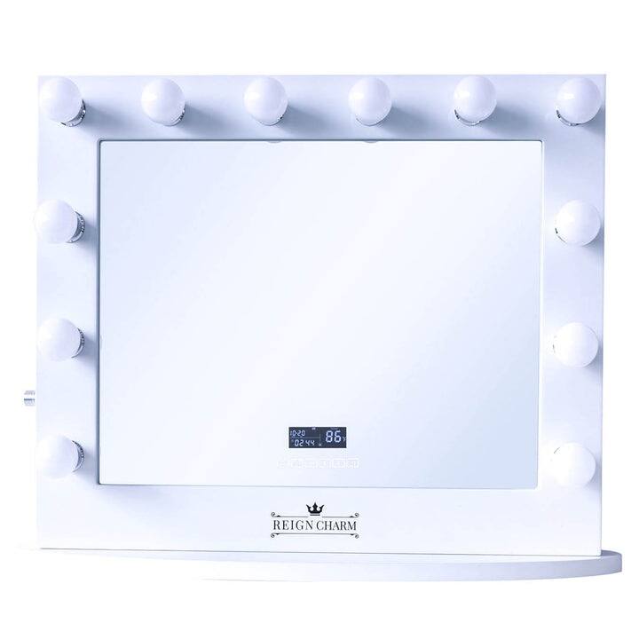 ReignCharm Hollywood Vanity Mirror with Bluetooth Speakers, 12 LED Lights, Dual Outlets& USB, 32